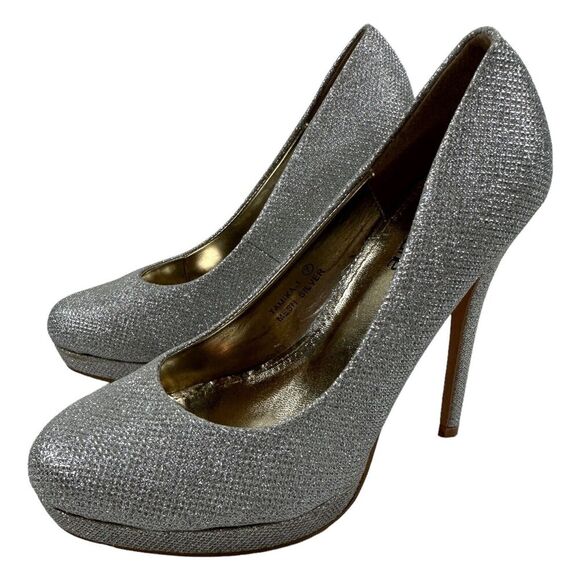 Bella Marie Tamika Mesh Silver Stiletto Platform Heels Closed Toe Pumps Size 7 - Picture 1 of 11